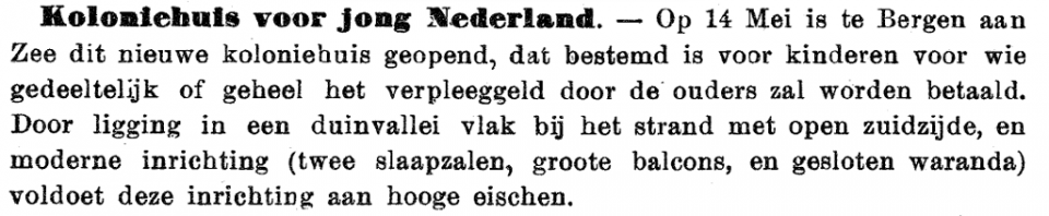 Aankondiging openeing Koloniehuis voor jong Nederland